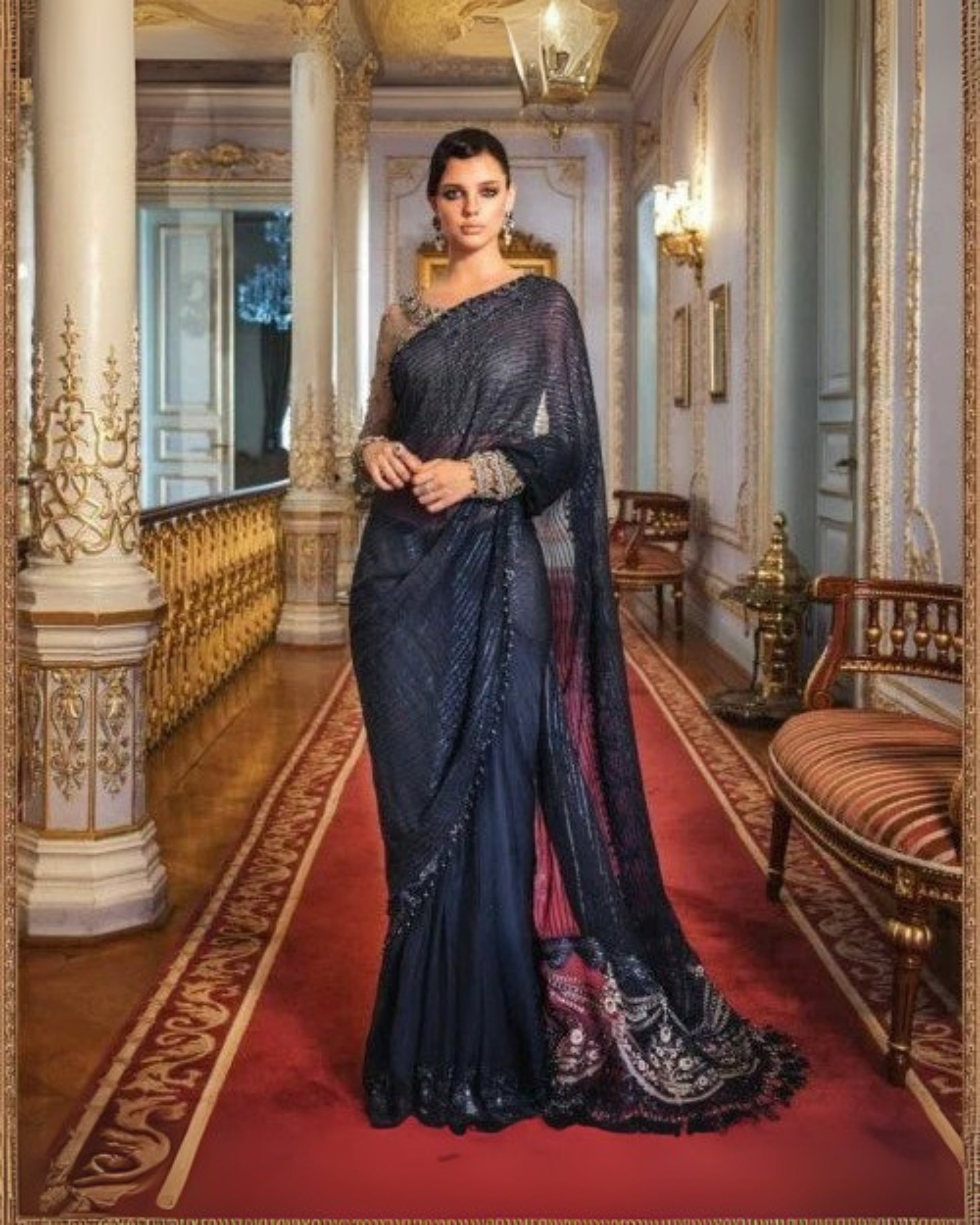 Maria.B Mbroidered cobalt blue saree