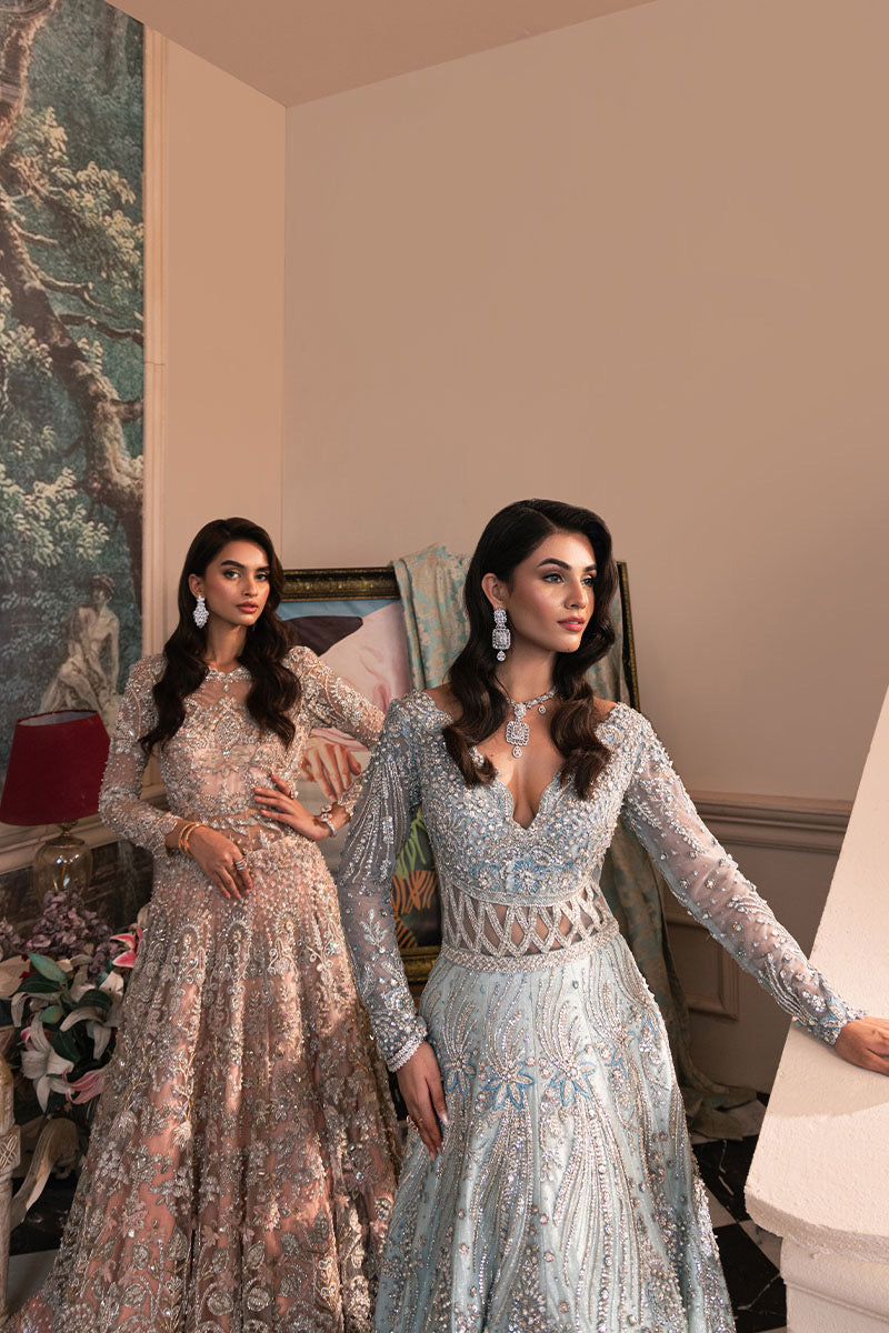 Khakaa Shimmering Ice – Luxury Silver Blue Embellished Maxi Dress