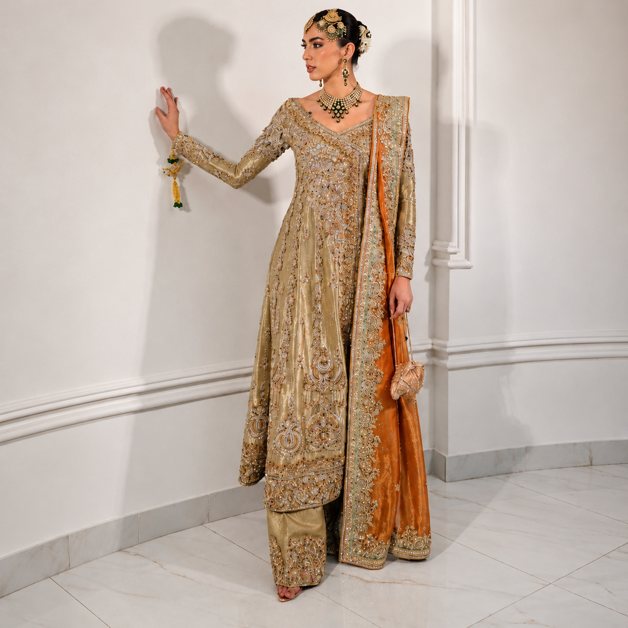 Alina Khan – Gold Metallic | Luxury Double Zari Pakistani Designer Dress