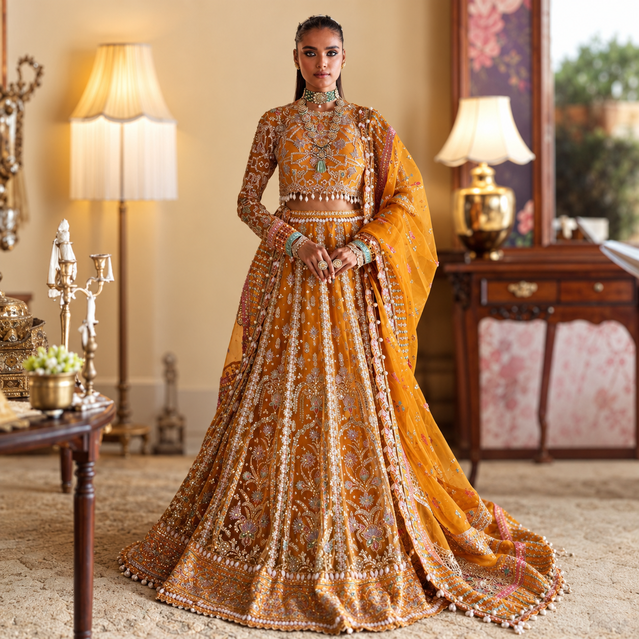Afrozeh Kamila mustard yellow organza lehenga choli with intricate antique gold embroidery and matching dupatta modelled by Mahnoor Sabir