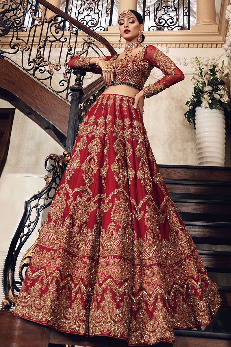 Aisha Imran Uroos-e-Khas red organza bridal dupatta with intricate gold embroidered border and traditional decorative motifs