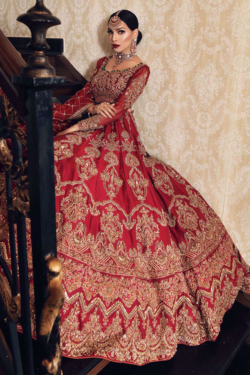 Close-up of antique gold floral and ornamental embroidery on Aisha Imran Uroos-e-Khas red raw silk bridal lehenga