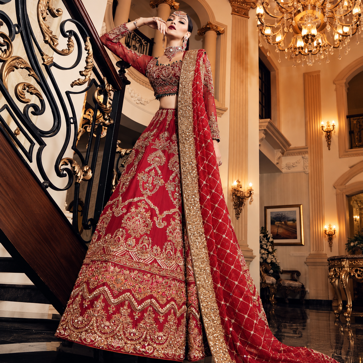 Aisha Imran Uroos-e-Khas red raw silk bridal lehenga with intricate antique gold embroidery and organza dupatta modelled by Fahmida Sadaf