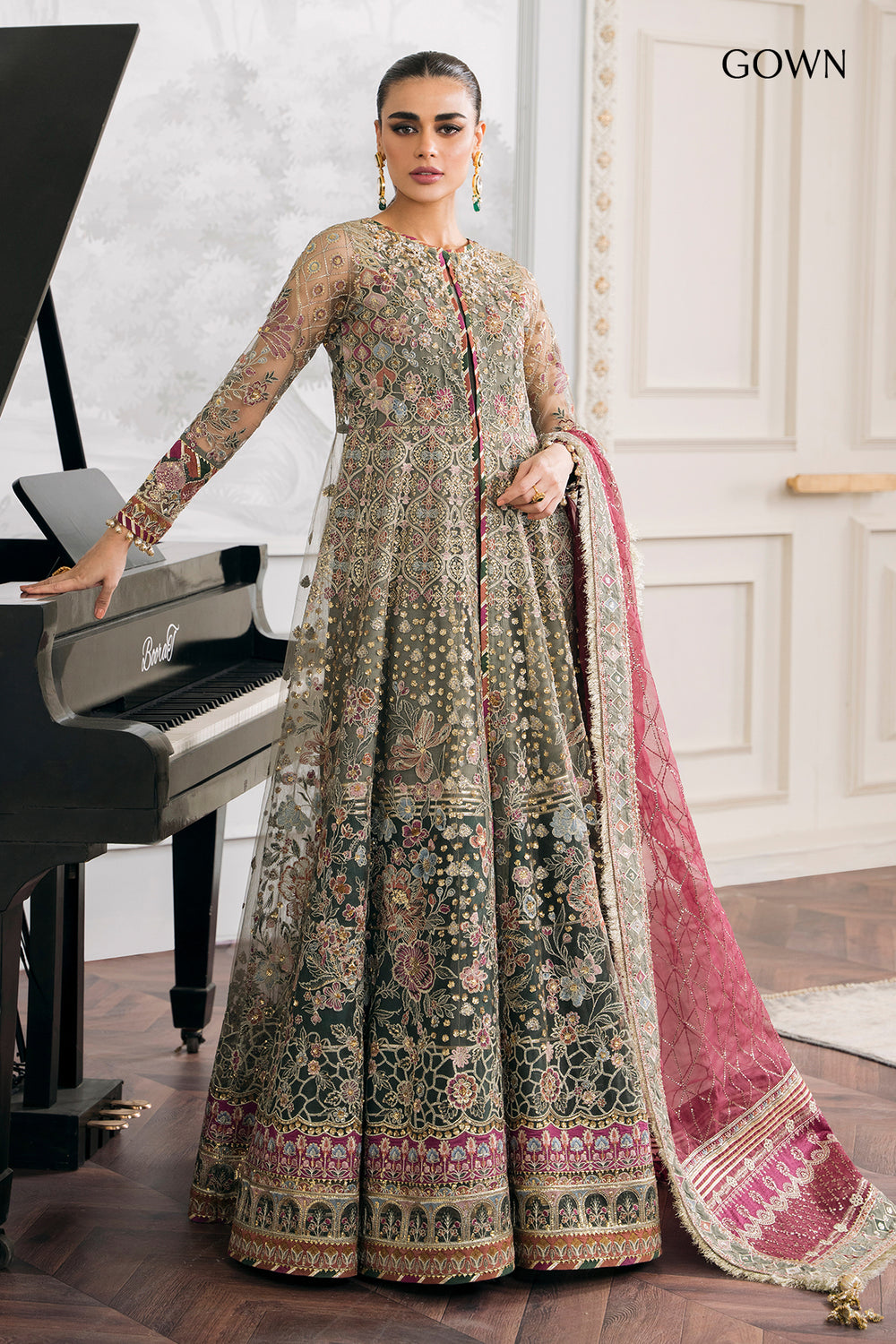 Baroque CH12-02 sage green net maxi featuring intricate multicoloured floral embroidery and embellished bodice at Zenni’s Atelier