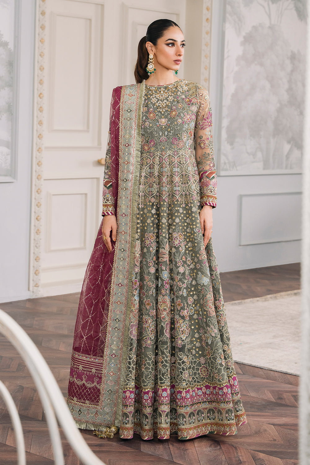 Rehmat Ajmal modelling Baroque CH12-02 sage green luxury Pakistani wedding guest dress at Zenni’s Atelier