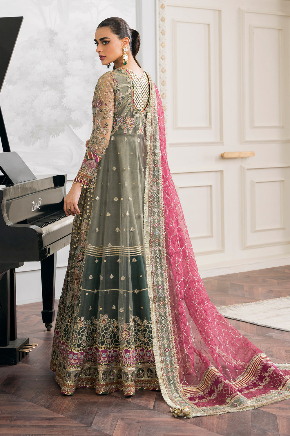 Baroque CH12-02 contrasting rose maroon organza dupatta with embroidered sage green borders at Zenni’s Atelier