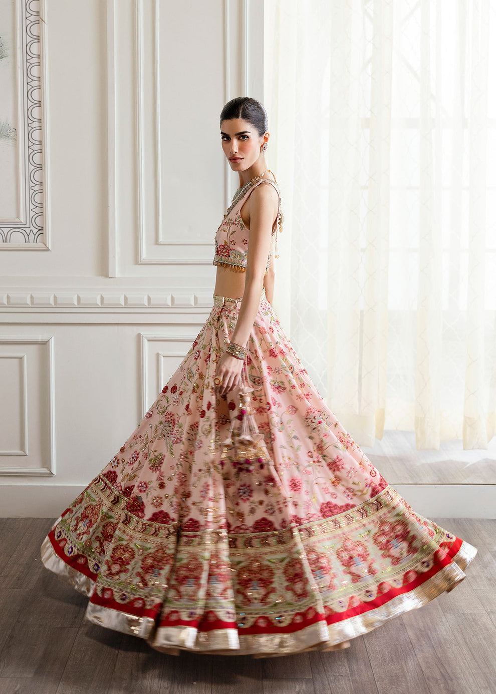Close-up of multicoloured floral embroidery on Crimson Crystal Chinoiserie blush pink raw silk lehenga choli