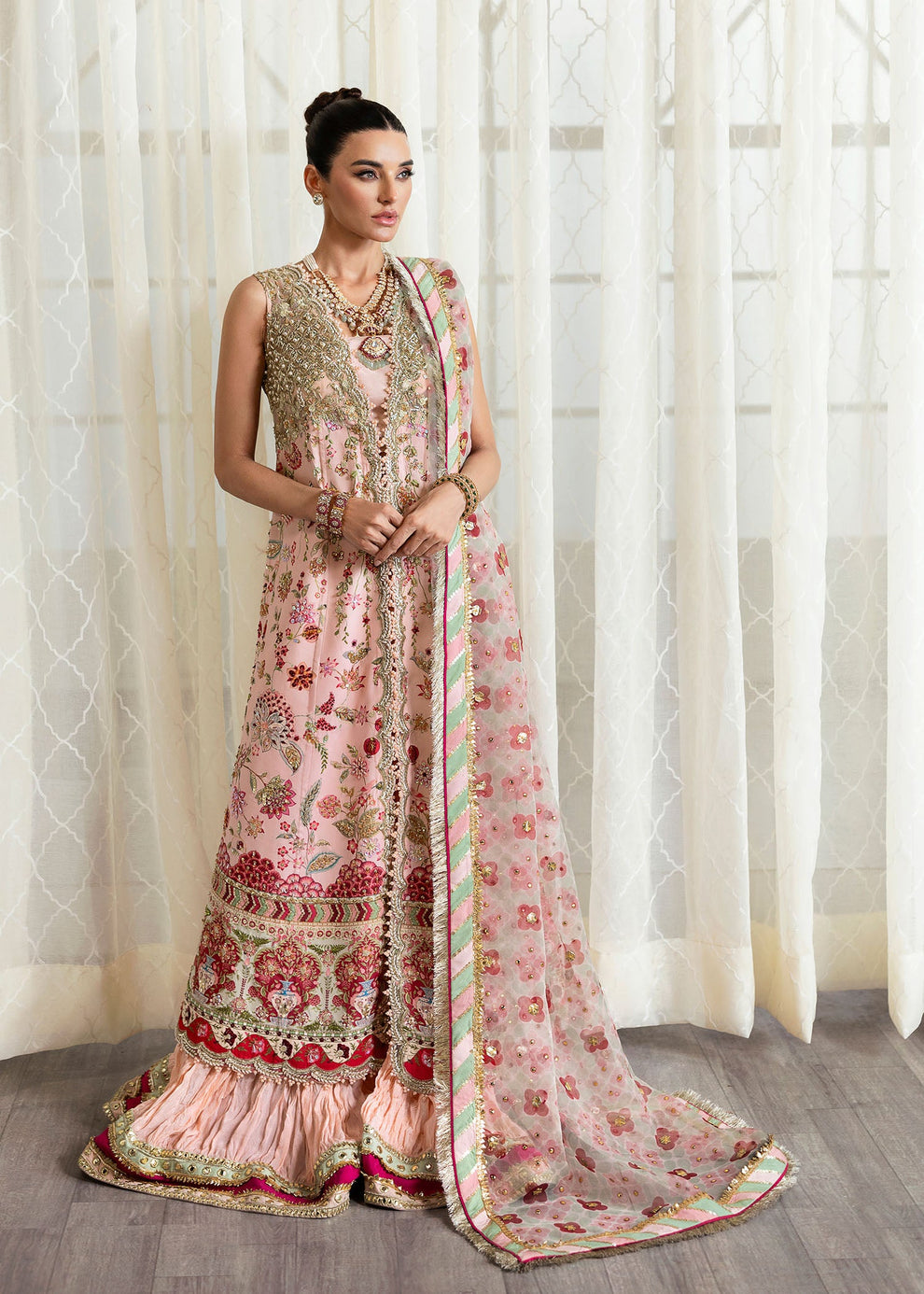 Crimson by Saira Shakira Crystal Chinoiserie sheer floral organza dupatta with contrasting pink and gold-toned border