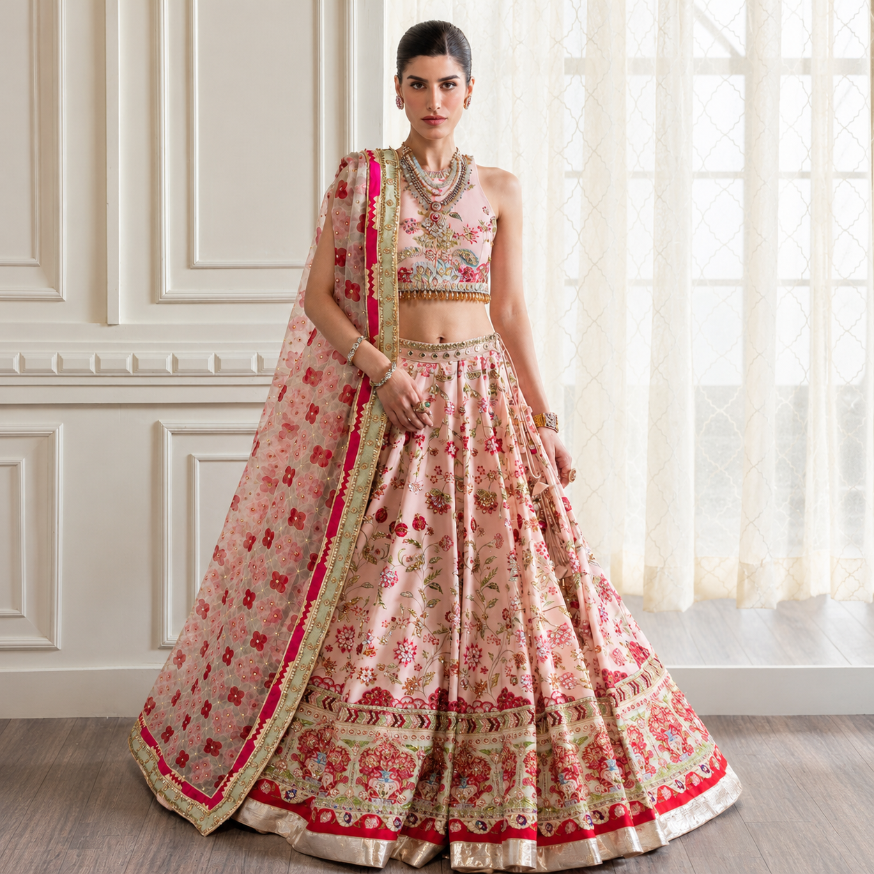 Zaneeb Raza wearing Crimson by Saira Shakira Crystal Chinoiserie blush pink floral raw silk lehenga choli with organza dupatta