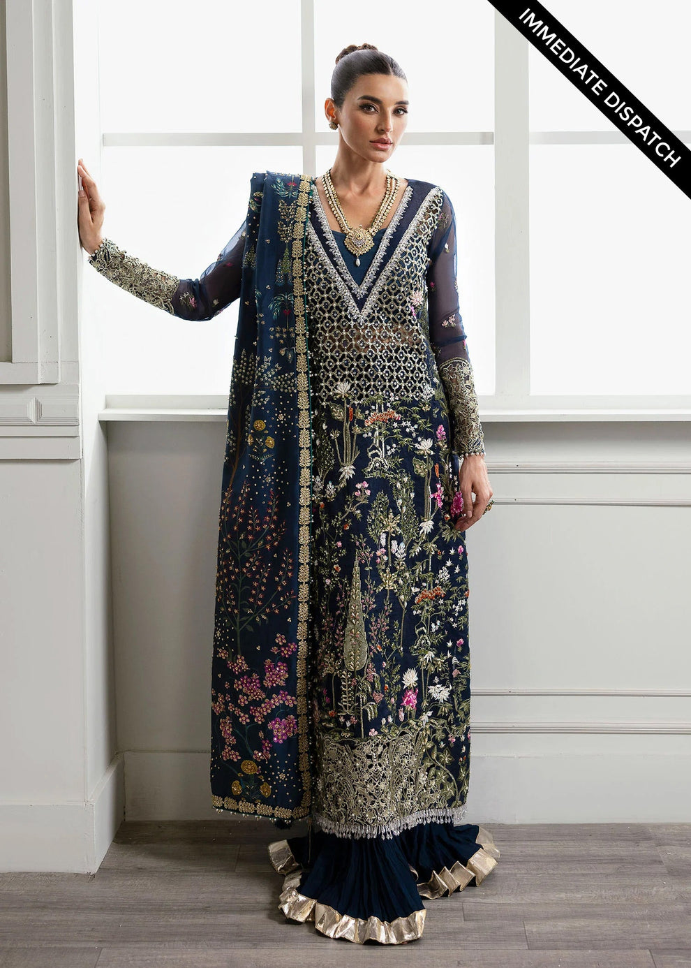Crimson by Saira Shakira Majestic Cypress luxury navy blue Pakistani formal outfit with embroidered long shirt and traditional lower styling