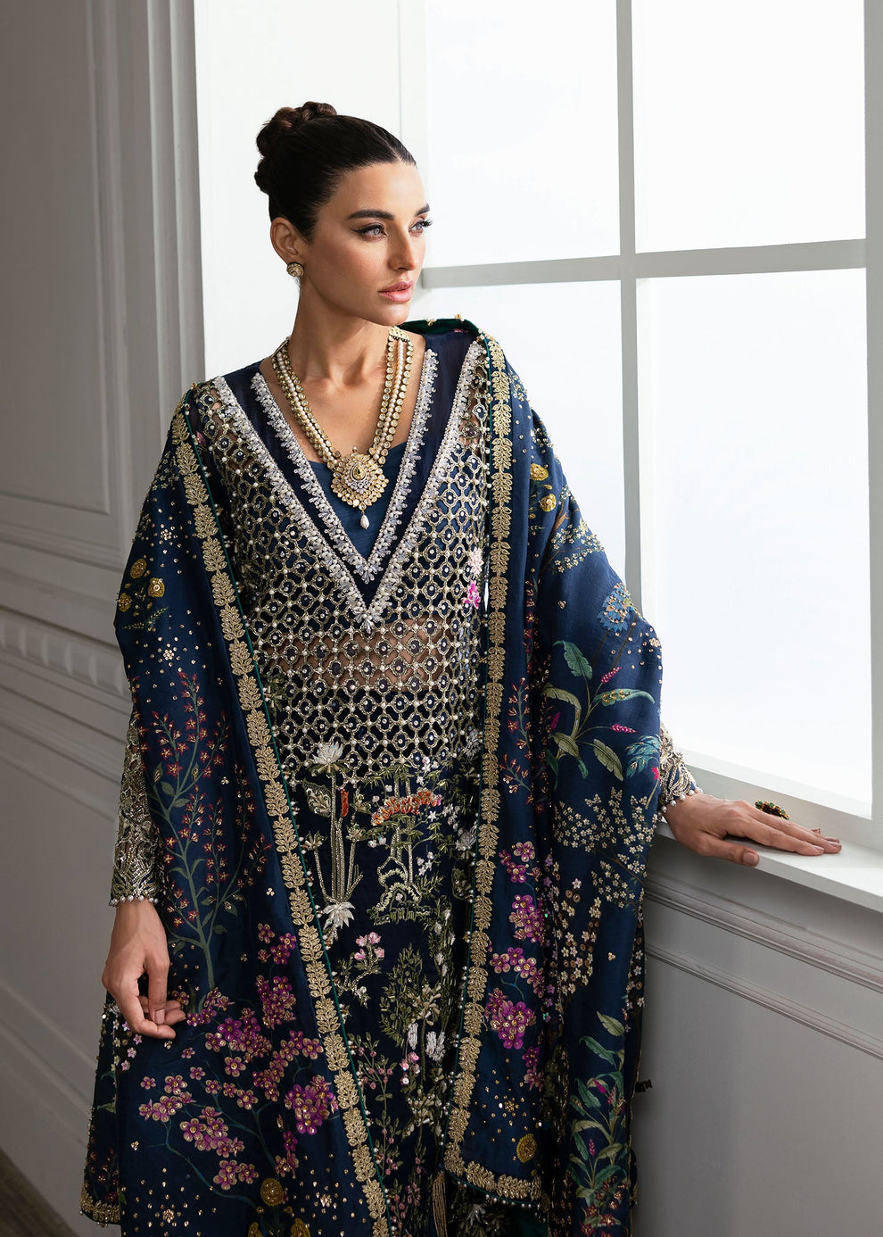 Maida Khan modelling Crimson by Saira Shakira Majestic Cypress luxury midnight navy Pakistani designer formal outfit