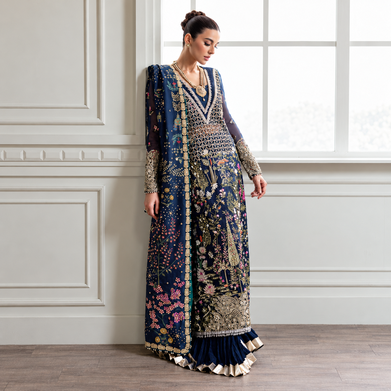 Maida Khan wearing Crimson by Saira Shakira Majestic Cypress navy blue organza formal dress with intricate floral embroidery