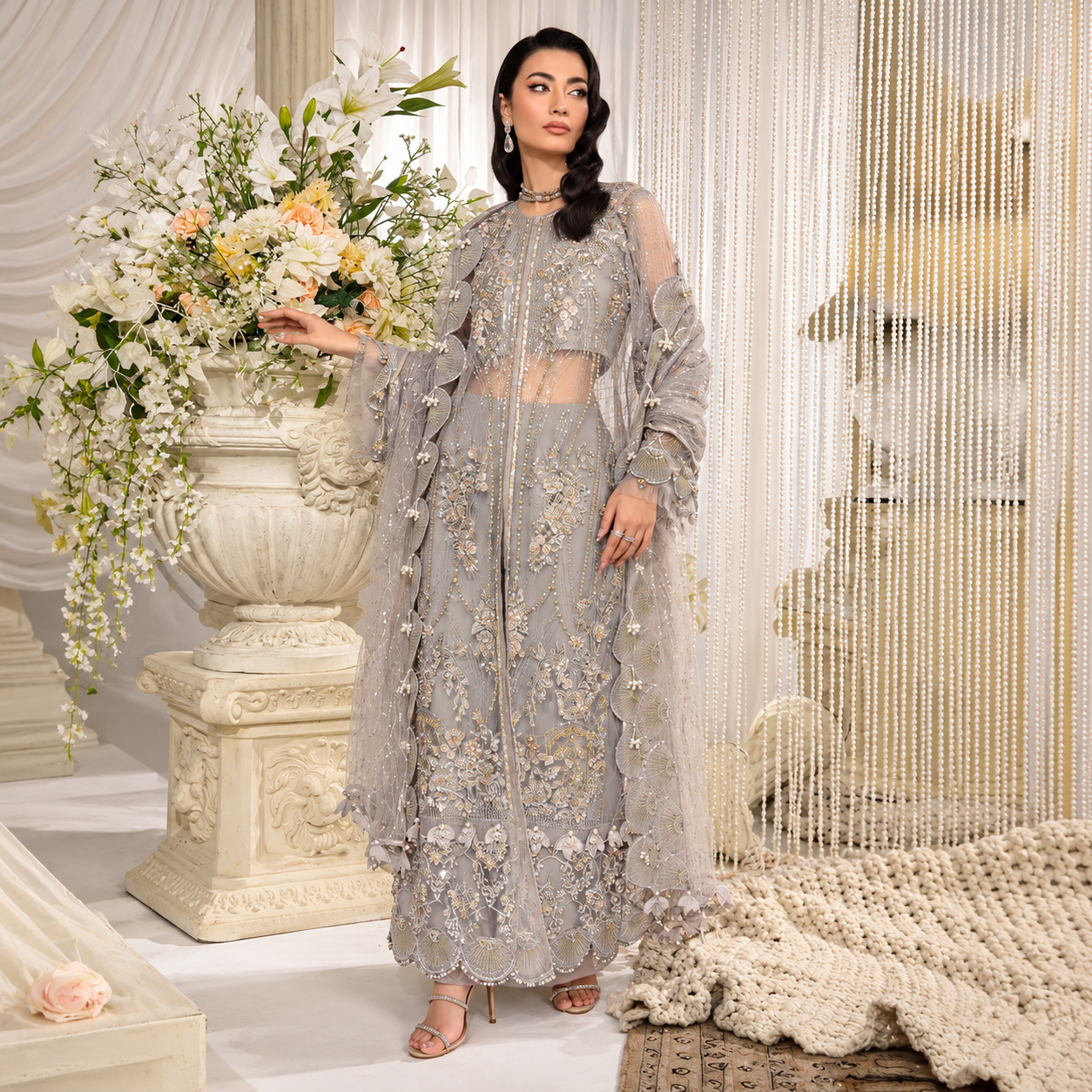 Rubab Ali wearing Elaf Premium EFE-04 Dove silver grey net dress with intricate floral embroidery