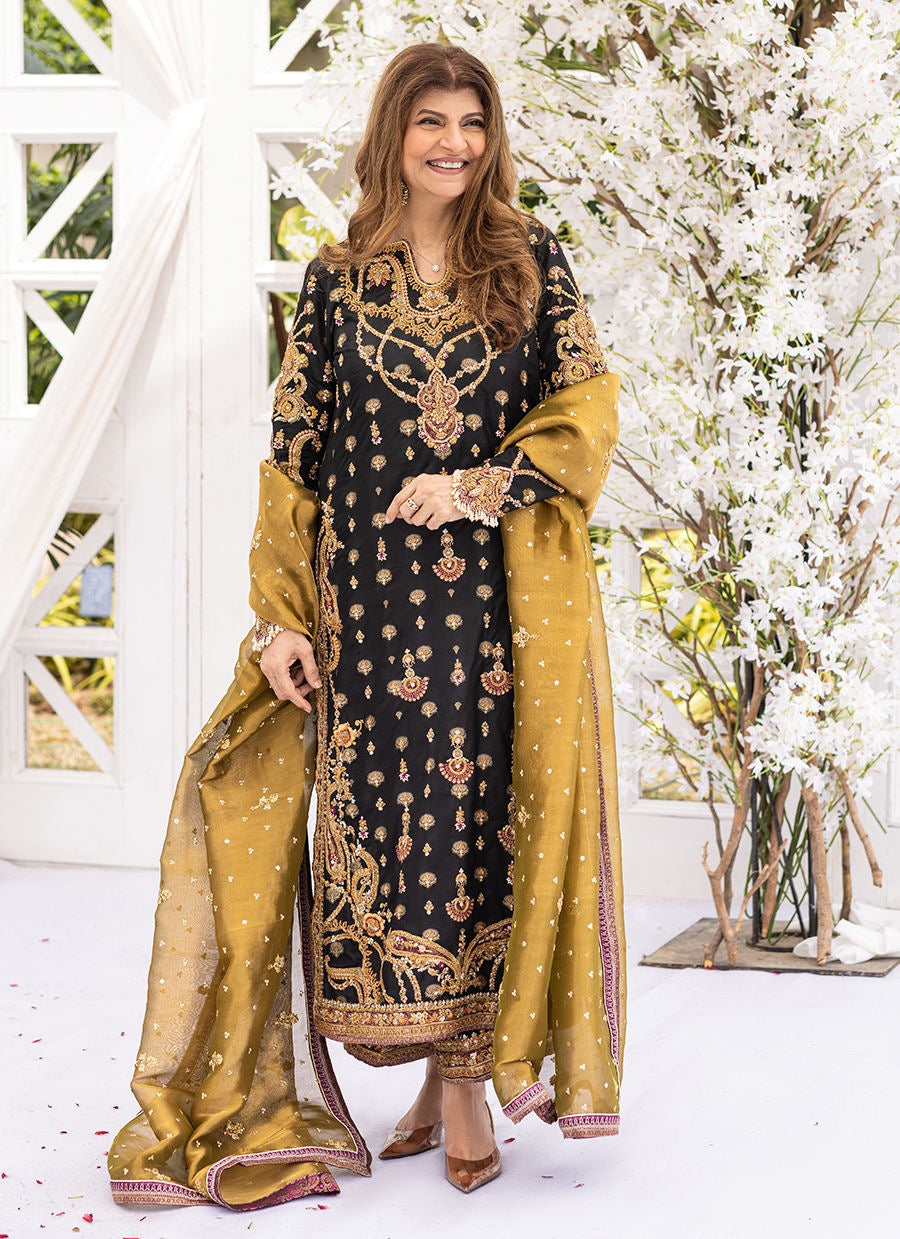 Full view of Farah Talib Black Khadi Net Pakistani formal outfit featuring a black embroidered straight shirt and traditional trousers