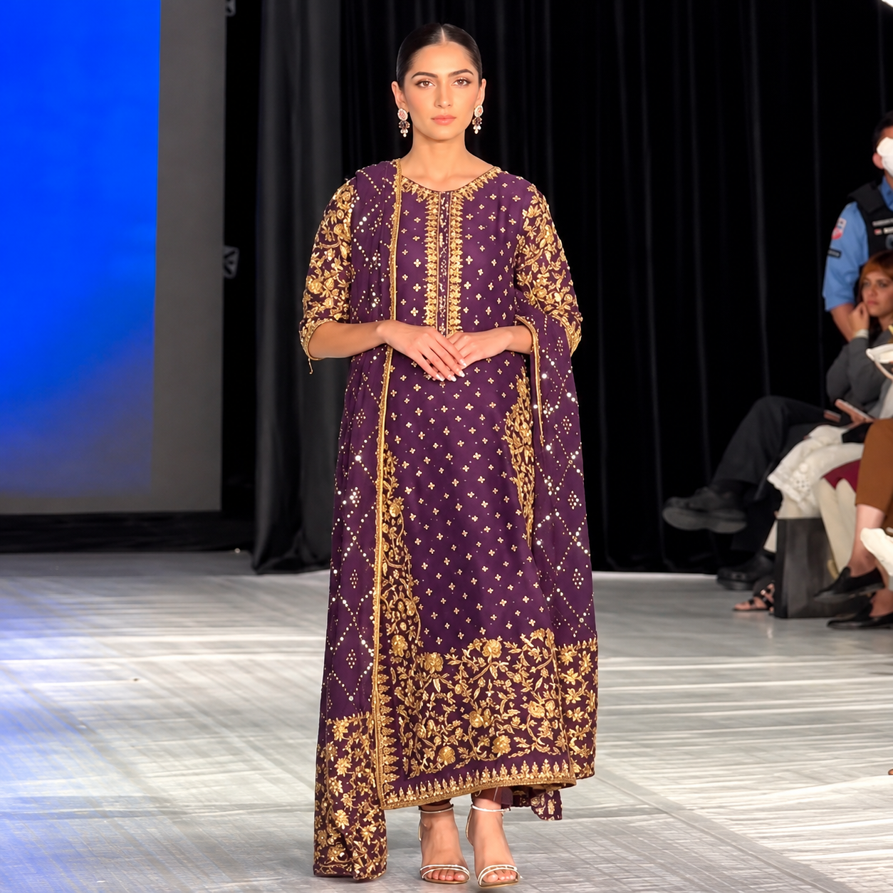 Maham Ali wearing Haris Shakeel Brides Purple tassel silk dress with intricate antique gold embroidery