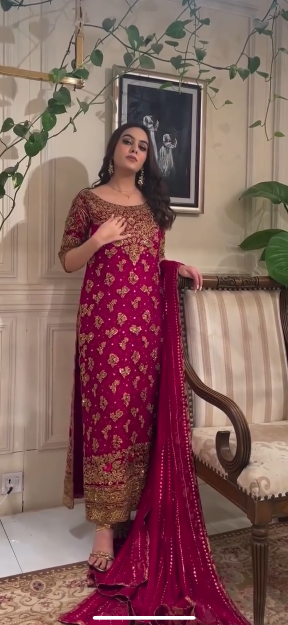 Fuchsia pink bamber chiffon dupatta with decorative edging from Haris Shakeel Faushia ensemble
