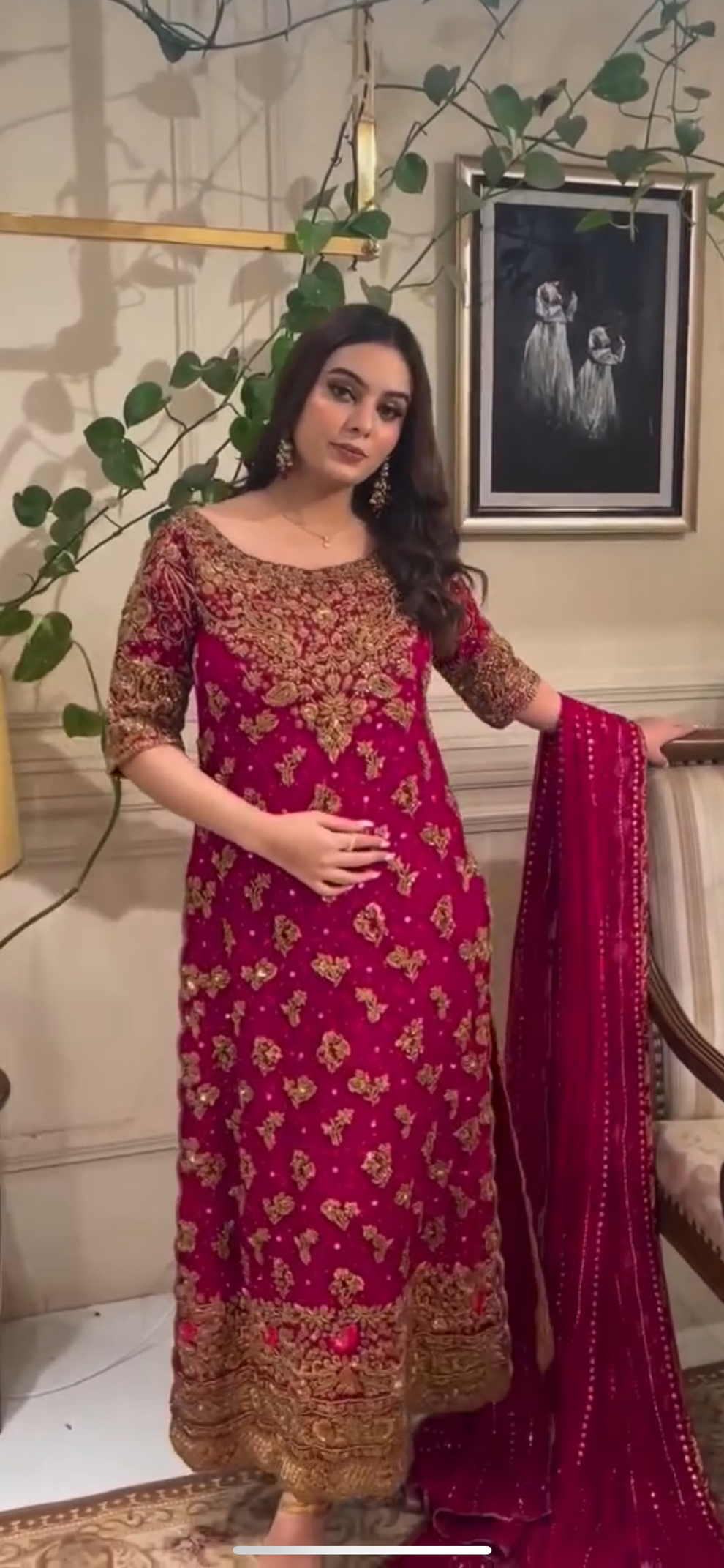Intricate gold-toned neckline and floral embroidery detailing on Haris Shakeel Faushia silk shirt
