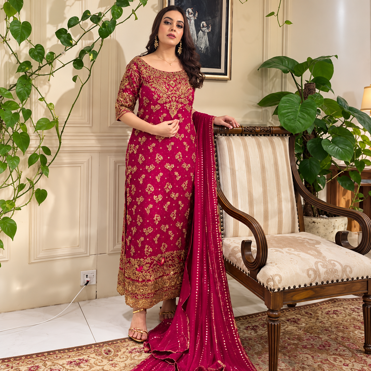 Haris Shakeel Faushia fuchsia pink Pakistani formal outfit with gold-toned embroidery and chiffon dupatta
