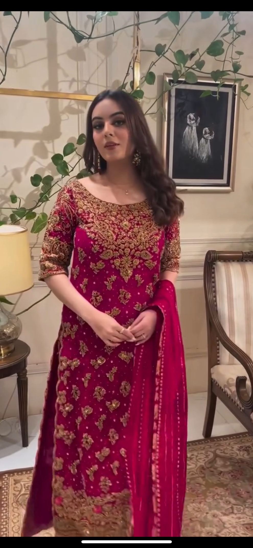 Seemal Rehan modelling Haris Shakeel Faushia fuchsia pink silk dress with matching chiffon dupatta

