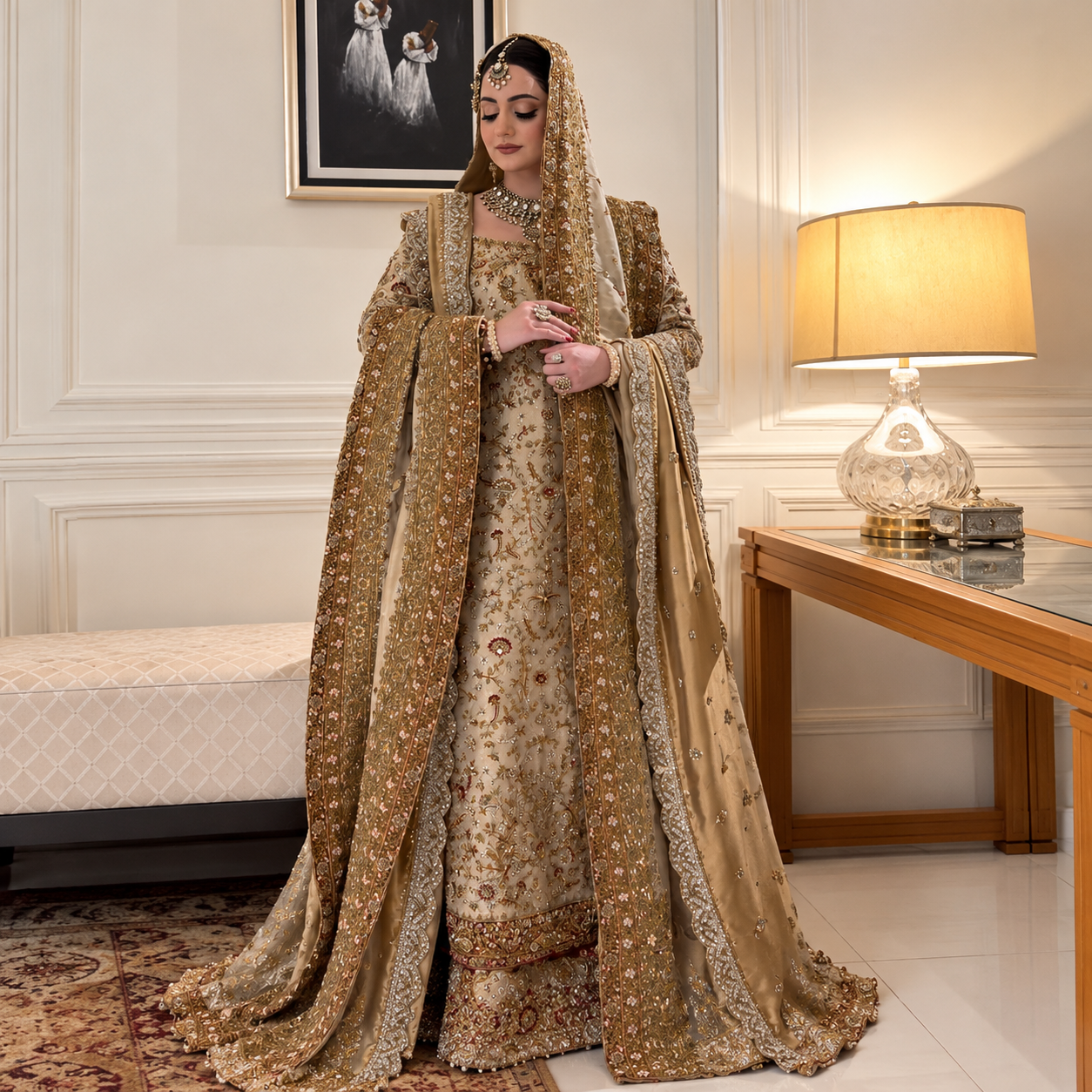 Haris Shakeel Maharni luxury antique gold zari embroidered bridal dress worn by Aimen Suleman at Zenni’s Atelier