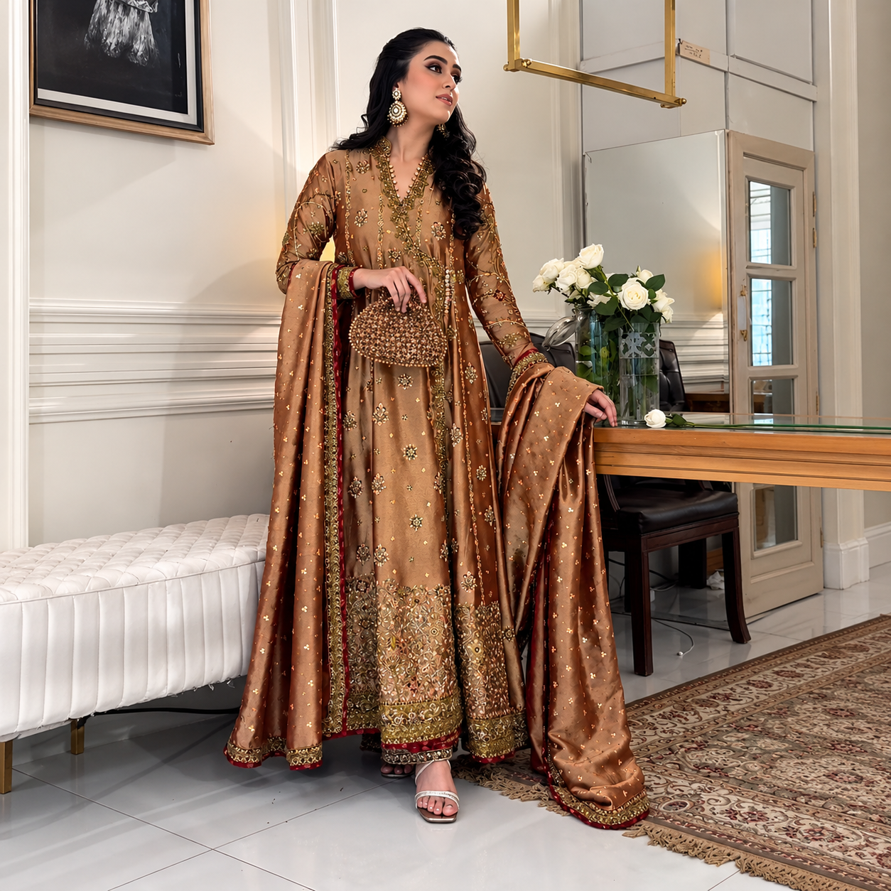 Haris Shakeel Luxury Maysoori D-8 copper brown embroidered pishwas front view worn by Aleena Khan at Zenni’s Atelier