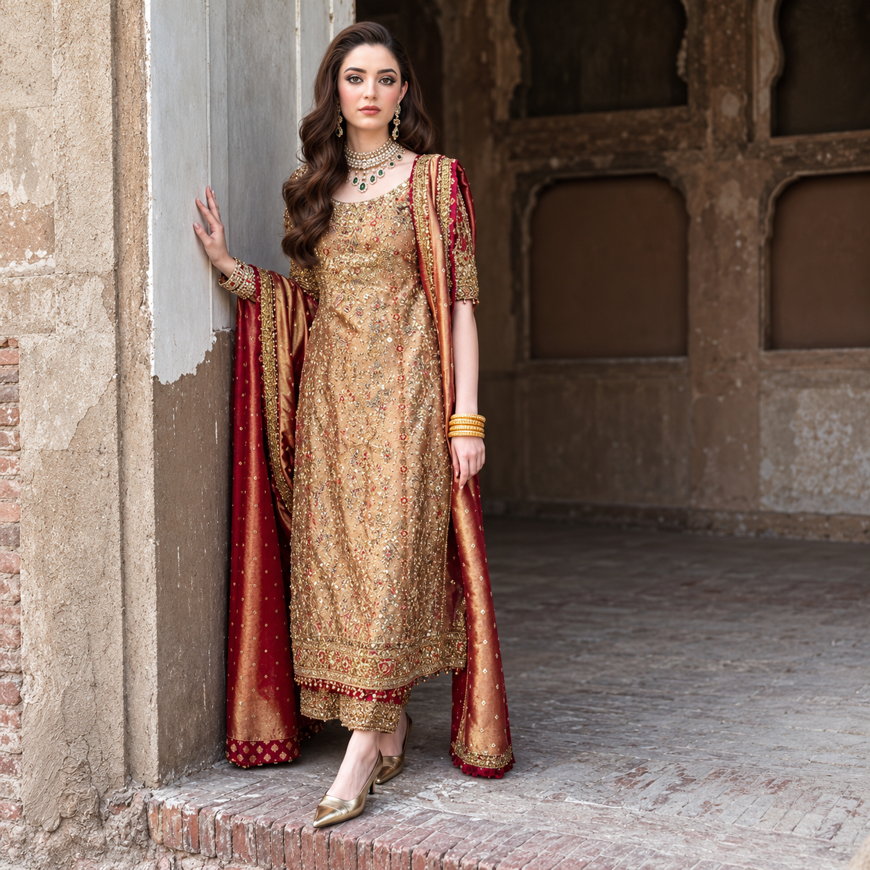Haris Shakeel Meerub antique gold Double Zari embroidered formal dress front view worn by Romaisa Khan at Zenni’s Atelier