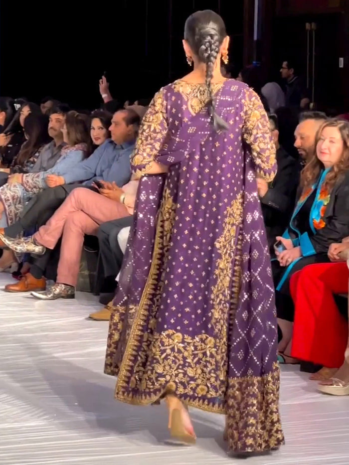 Haris Shakeel Brides Purple tassel silk dupatta with delicate gold motifs and embroidered border