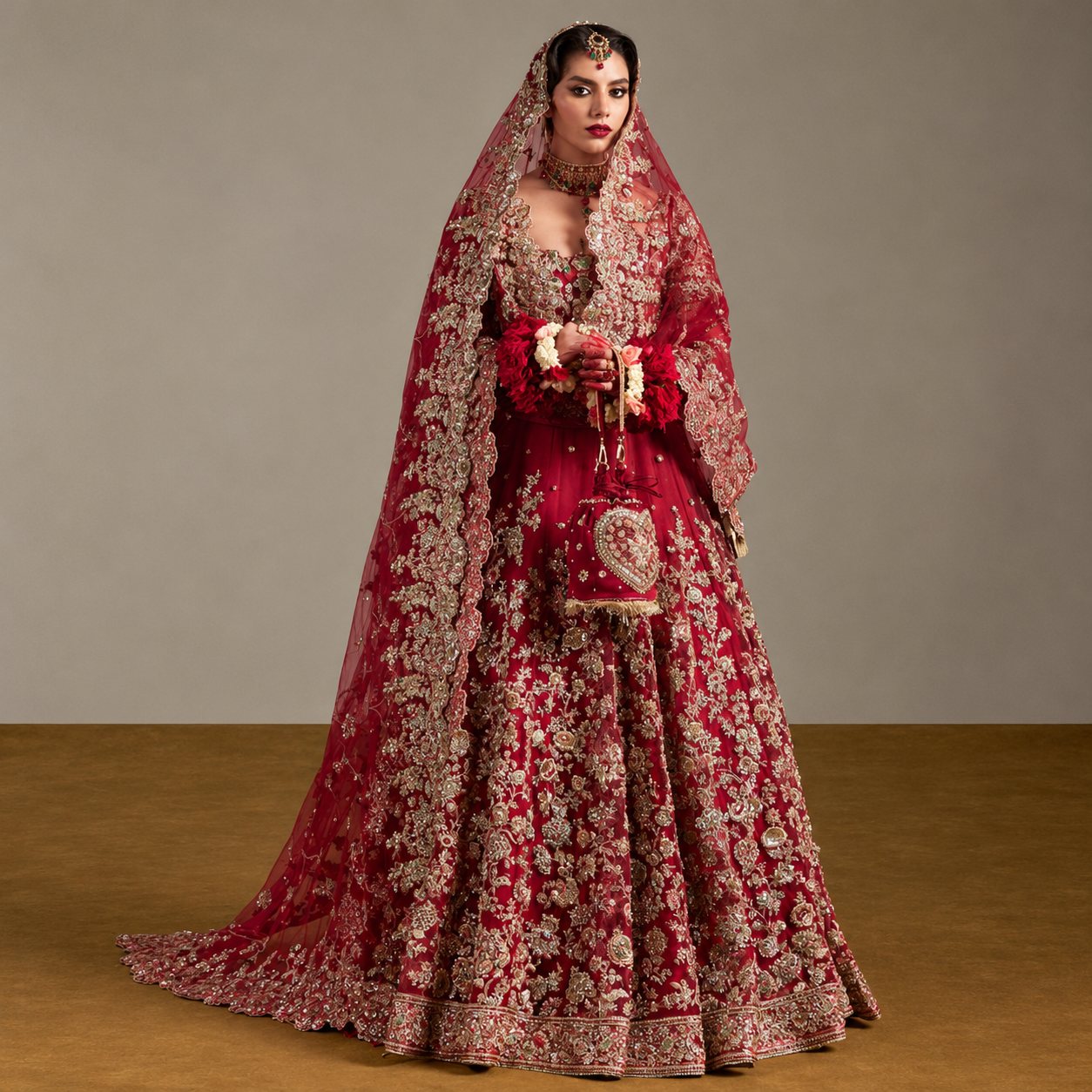 Hussain Rehar Anisha red Bareeze net Baraat bridal lehenga modelled by Anam Malik at Zenni’s Atelier
