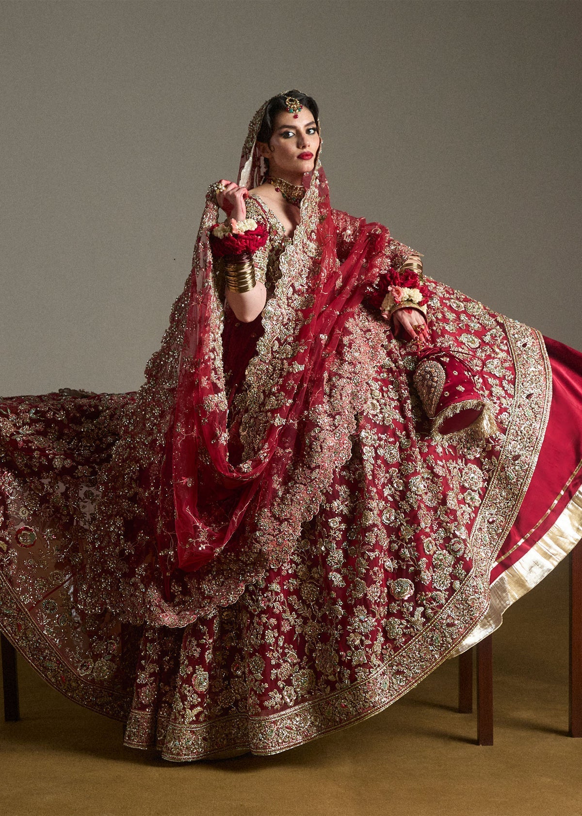 Hussain Rehar Anisha red bridal net dupatta with elaborate gold embroidered borders at Zenni’s Atelier