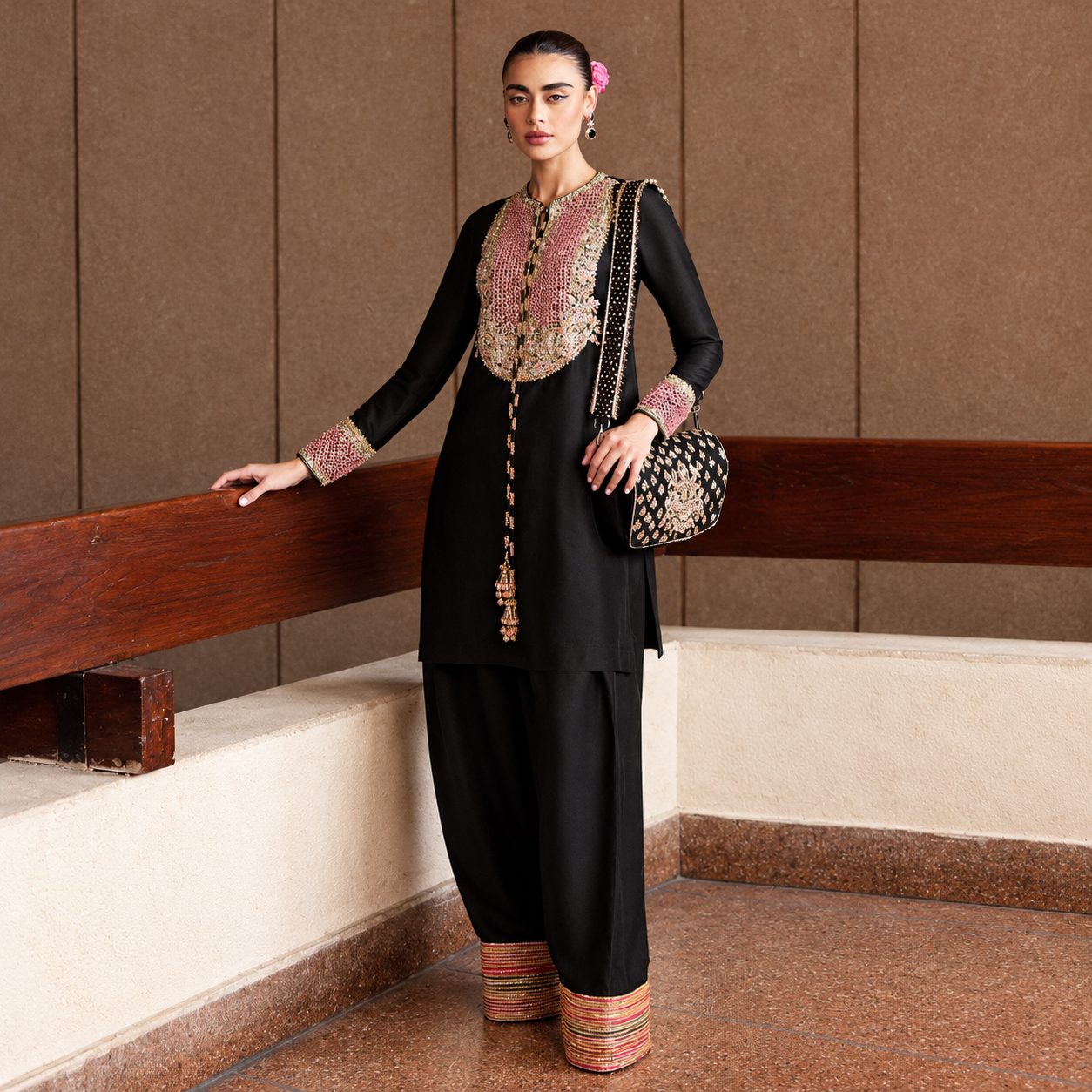Hussain Rehar Char luxury black Pakistani formal outfit with matching wide-leg trousers