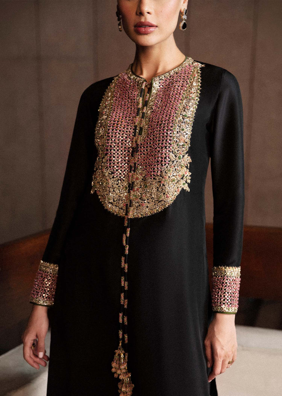 Sheer black organza dupatta with delicate scattered embellishments from Hussain Rehar Char