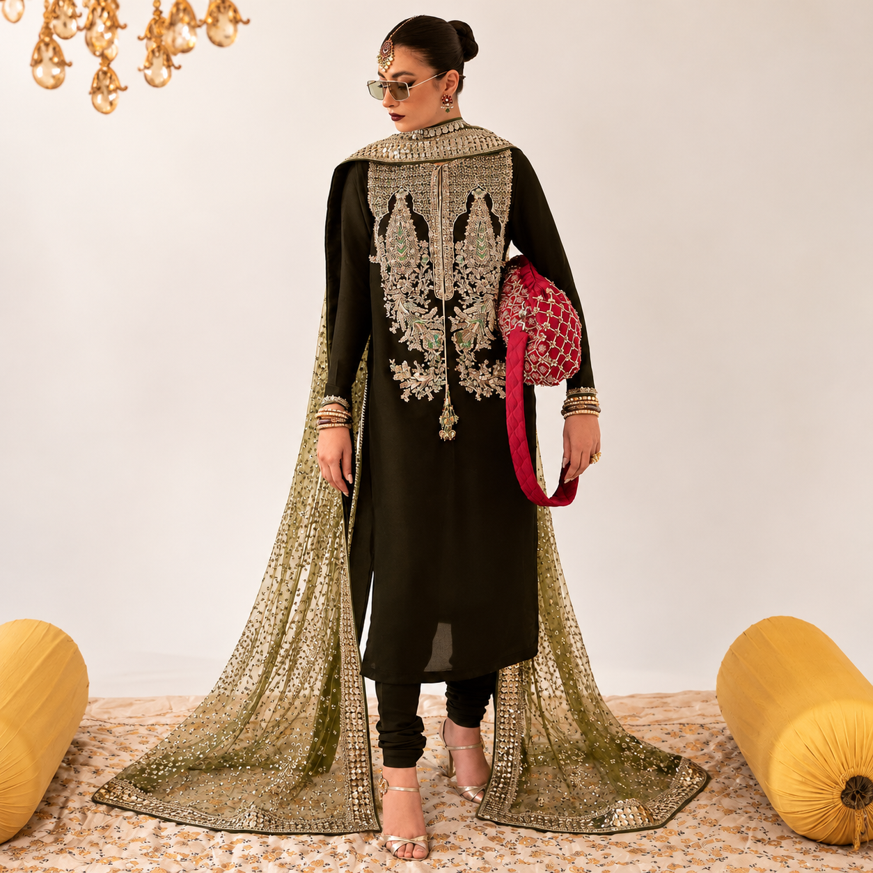 Kiran Malik wearing Hussain Rehar Darya dark olive raw silk formal dress with intricate gold embroidery