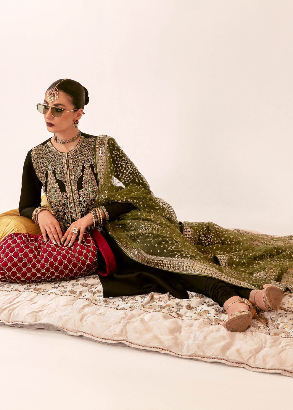 Hussain Rehar Darya coordinating net dupatta styled with dark olive embroidered raw silk outfit