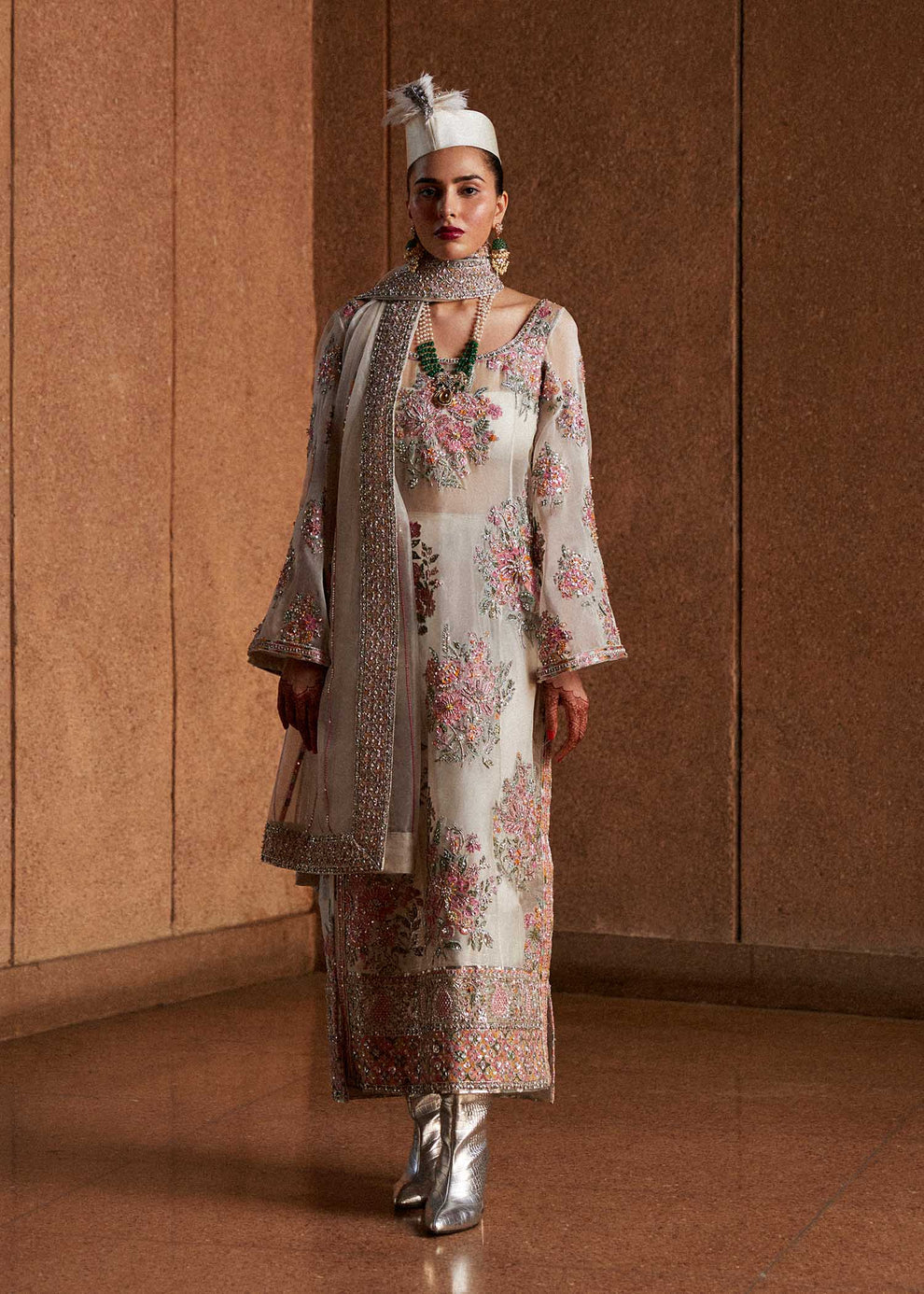 Ivory organza dupatta with gold-toned and pink embroidered border from Hussain Rehar EURU