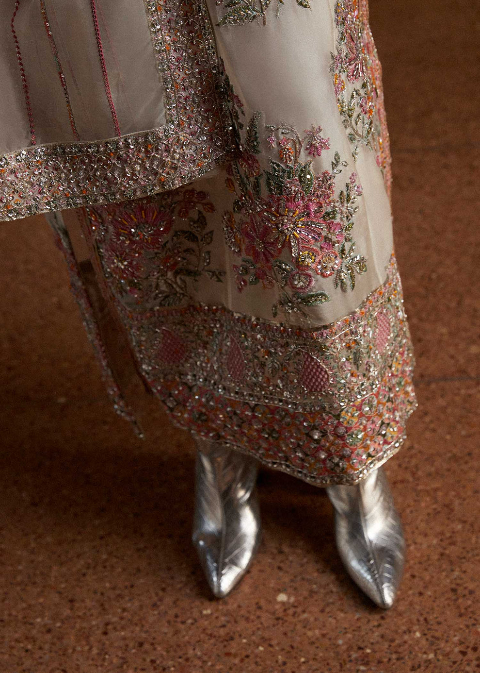 Moorak Amin modelling Hussain Rehar EURU ivory floral organza Pakistani designer ensemble