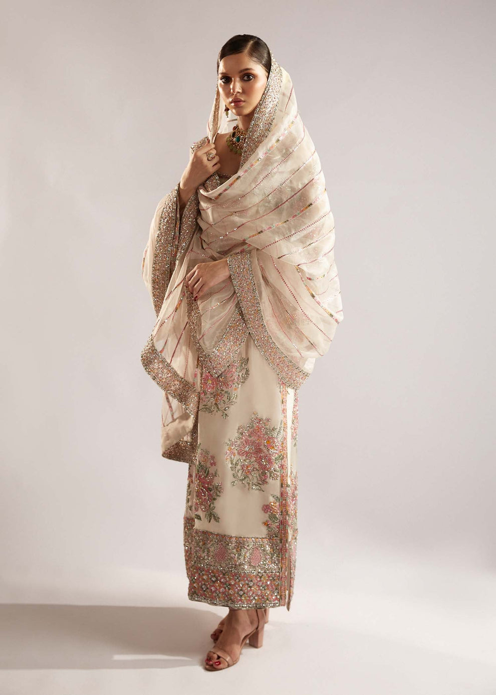Close-up of pink floral embroidery and green botanical detailing on Hussain Rehar EURU organza shirt