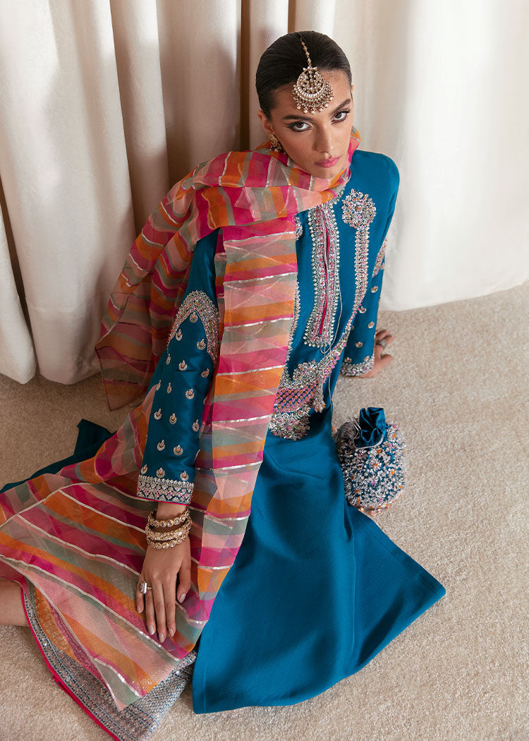 Hussain Rehar Gelid sheer organza dupatta with pink coral orange and mint green geometric patterns