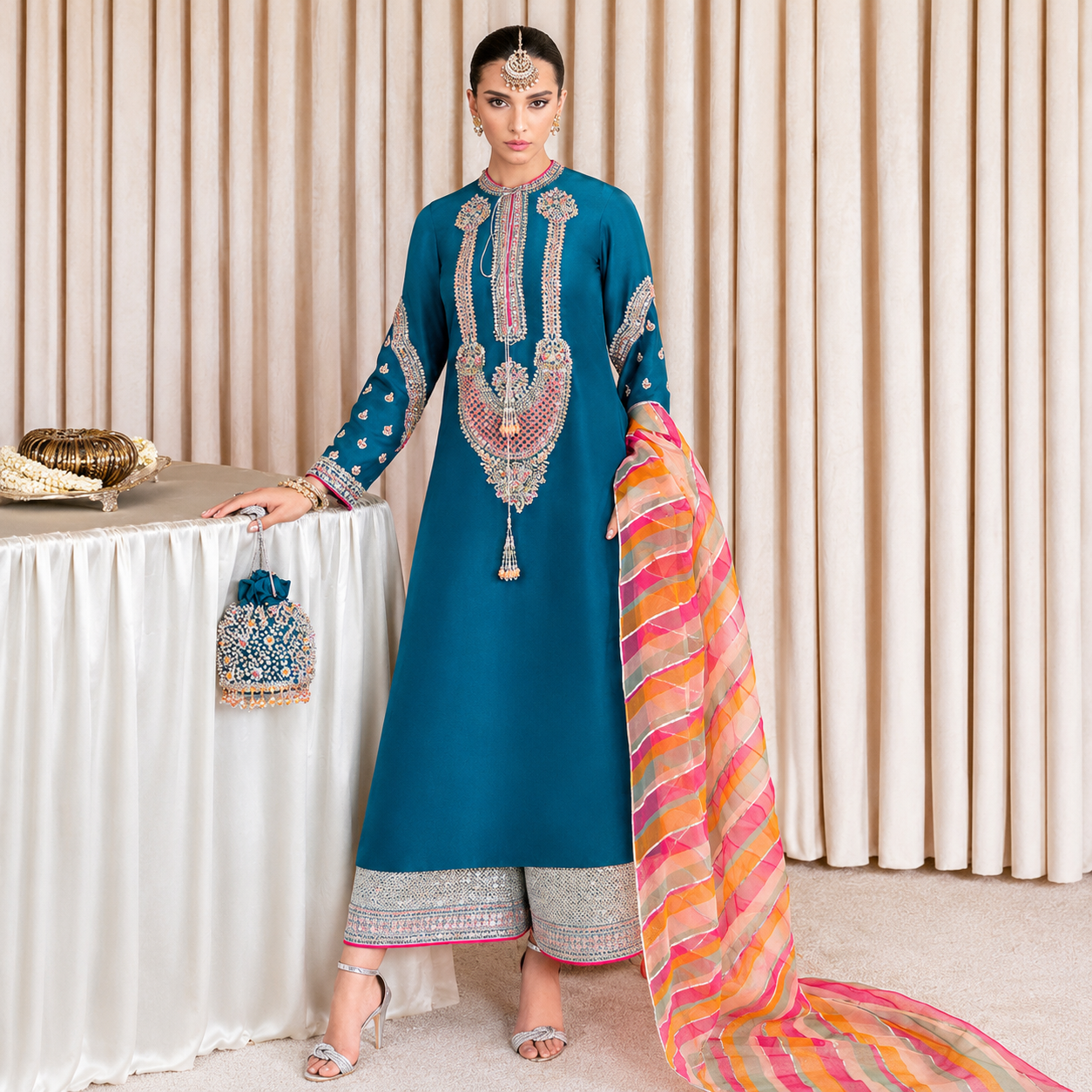 Tehreem Gohar wearing Hussain Rehar Gelid teal blue raw silk shirt with multicoloured embroidery and organza dupatta