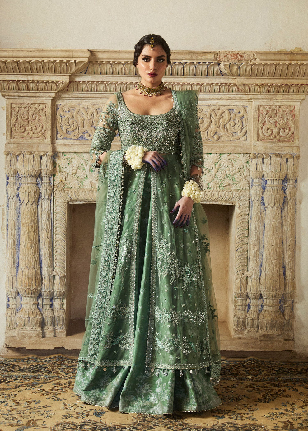 Hussain Rehar Parag sage green net dupatta featuring floral embroidery and decorative borders
