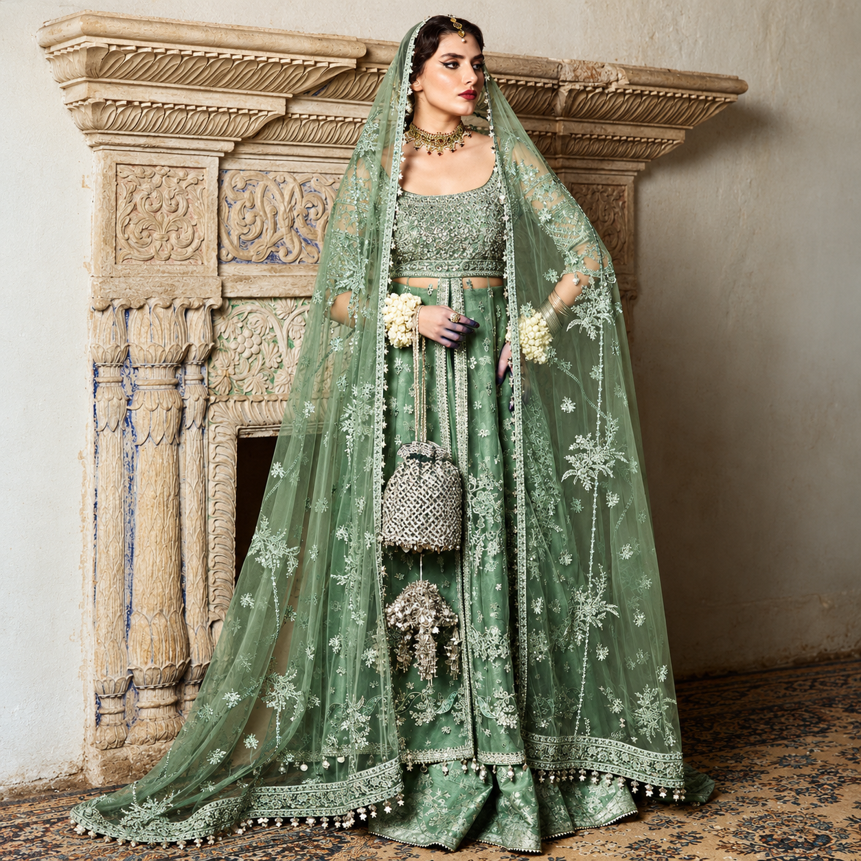 Shahnoor Warraich wearing Hussain Rehar Parag sage green embroidered lehenga choli with net dupatta