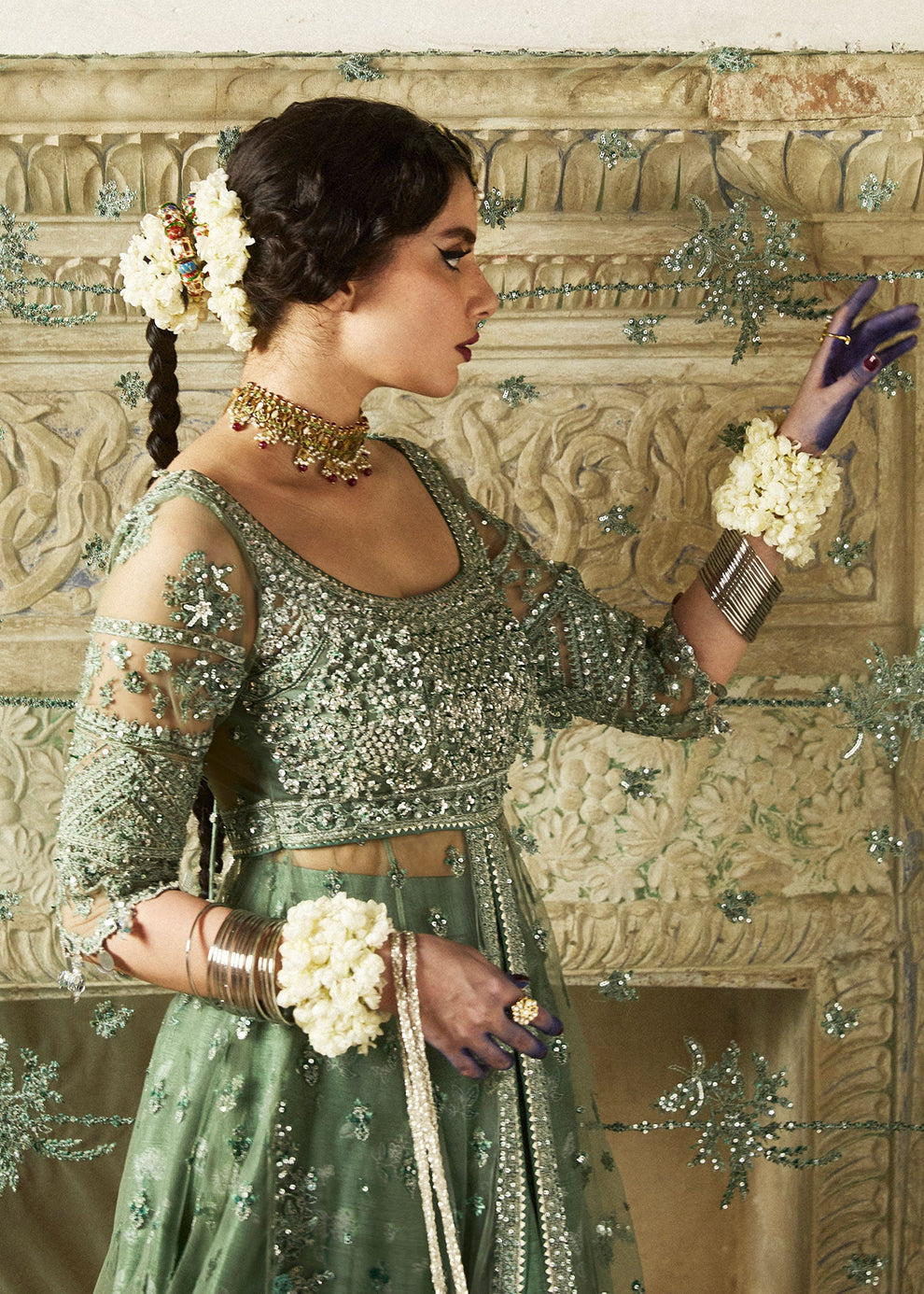 Shahnoor Warraich modelling Hussain Rehar Parag luxury sage green Pakistani designer wedding lehenga