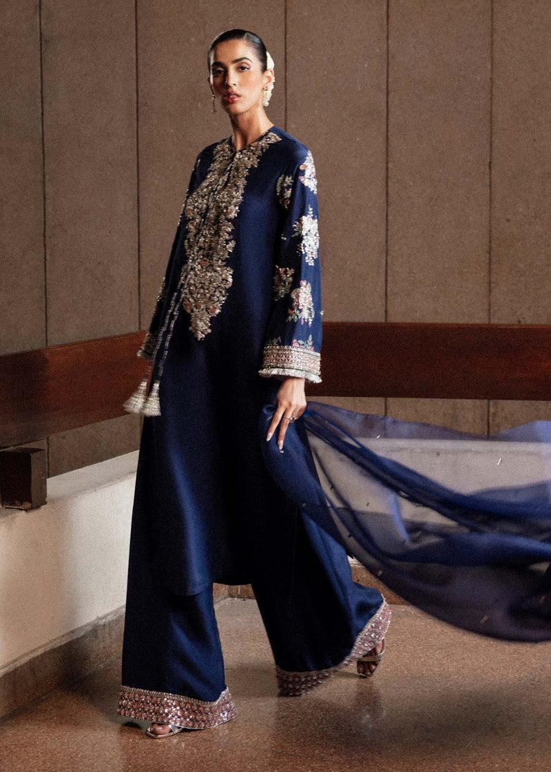 Close-up of champagne-gold floral neckline embroidery on Hussain Rehar Saxe navy blue raw silk shirt