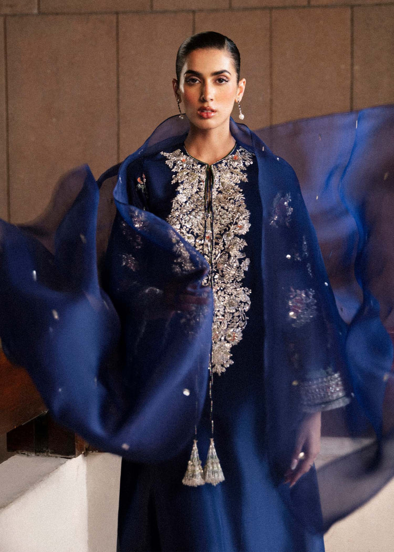 Hussain Rehar Saxe organza dupatta paired with navy blue embroidered raw silk dress