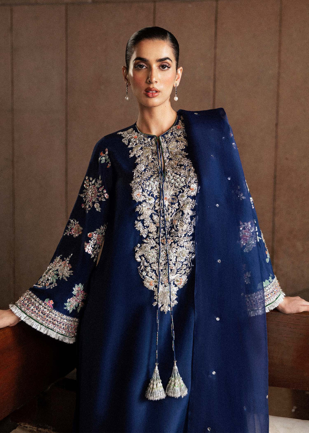 Zara Peerzada modelling Hussain Rehar Saxe navy blue luxury Pakistani designer formal ensemble