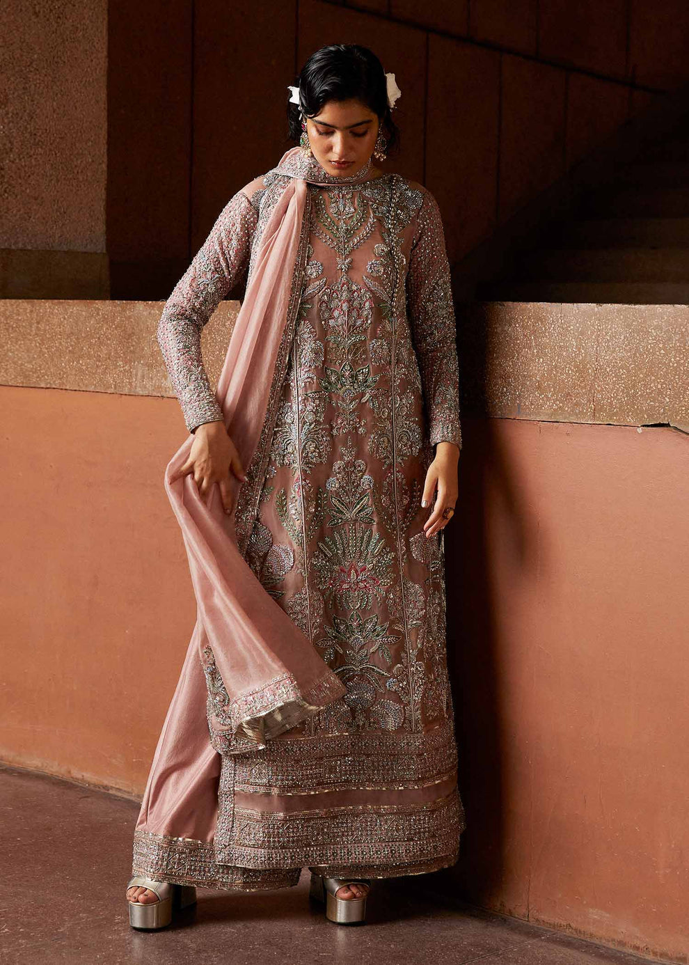 Hussain Rehar Verve peach organza dupatta with delicate metallic embroidered border