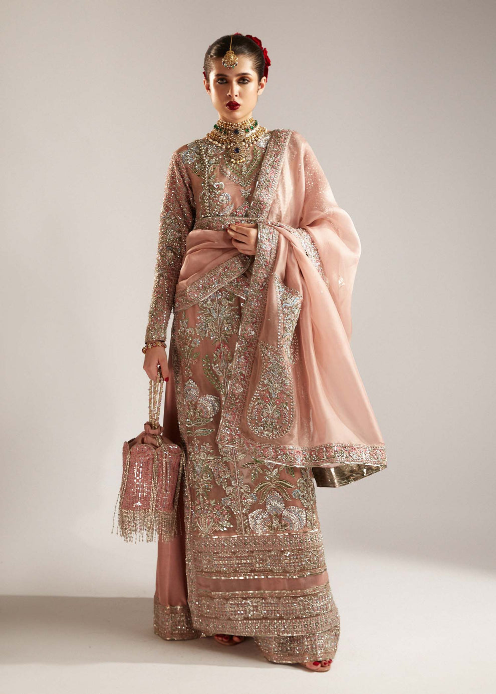 Hussain Rehar Verve luxury peach pink Pakistani formal outfit featuring multicolour floral embroidery
