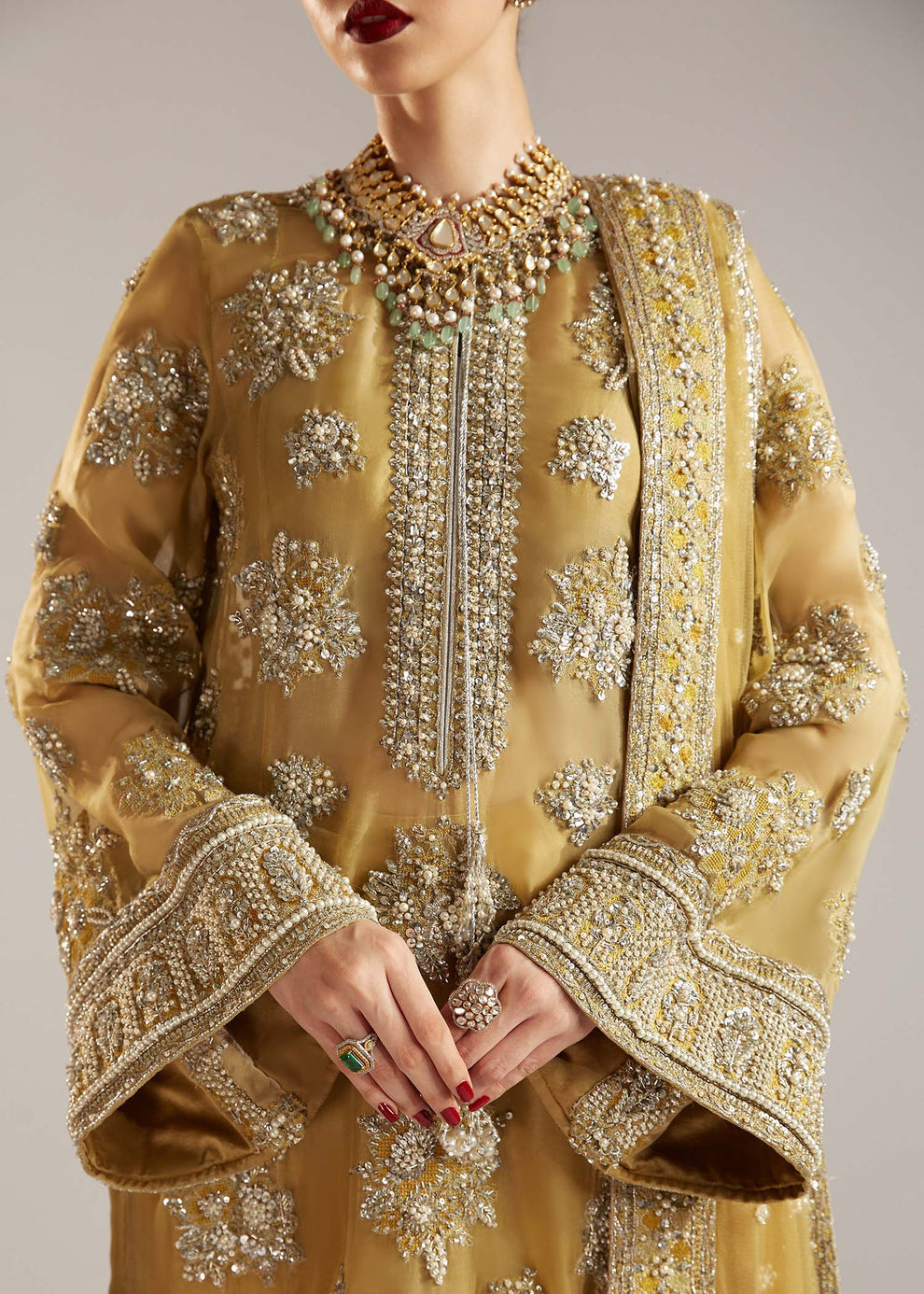 Hussain Rehar Zesty luxury embroidered mustard gold Pakistani formal outfit
