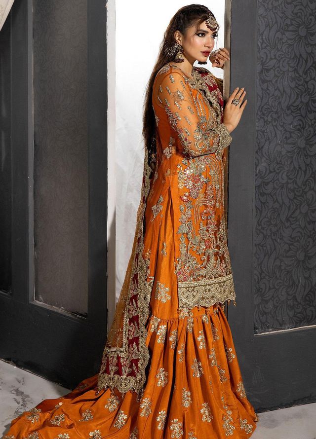 Imrozia Premium Andaaz-e-Khaas luxury orange Pakistani net formal suit with intricate gold and silver embroidery
