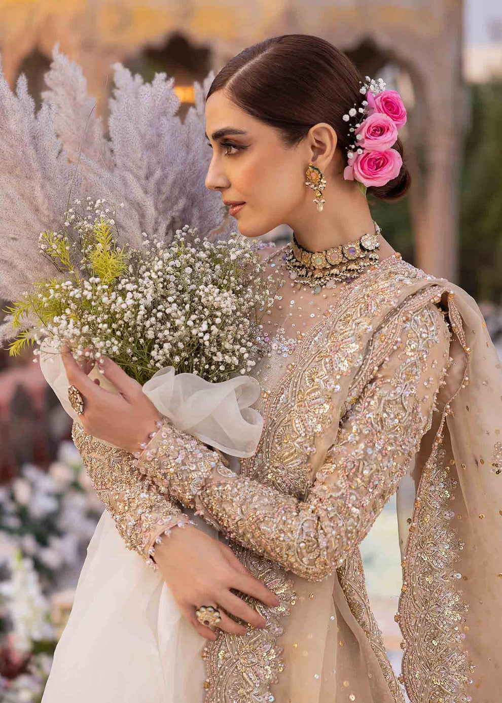 Champagne gold organza dupatta with delicate embellishments and embroidered border from Kanwal Malik Mirani