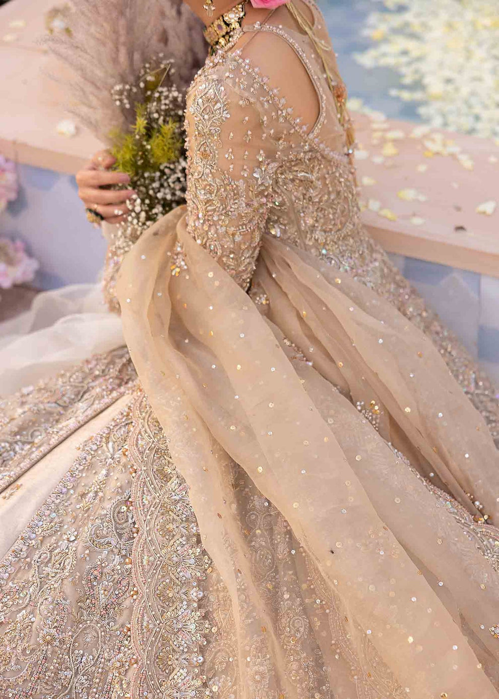Intricate tonal gold embroidery and embellished detailing on Kanwal Malik Mirani organza outfit